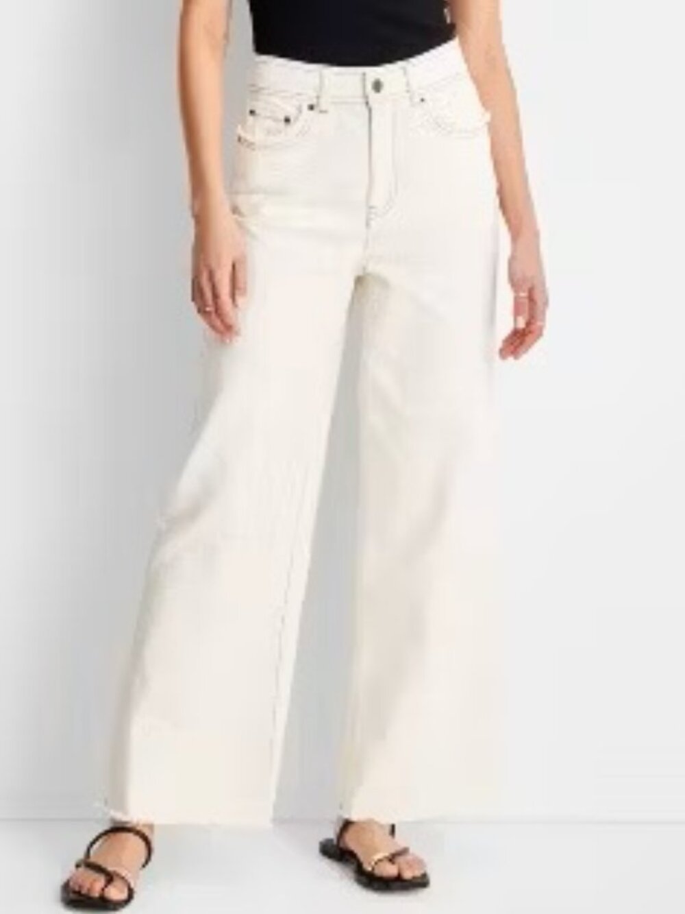 FUTURE COLLECTIVE Wide Leg Women's Jeans Cream Tufted Distressing - Sz 12 - NEW